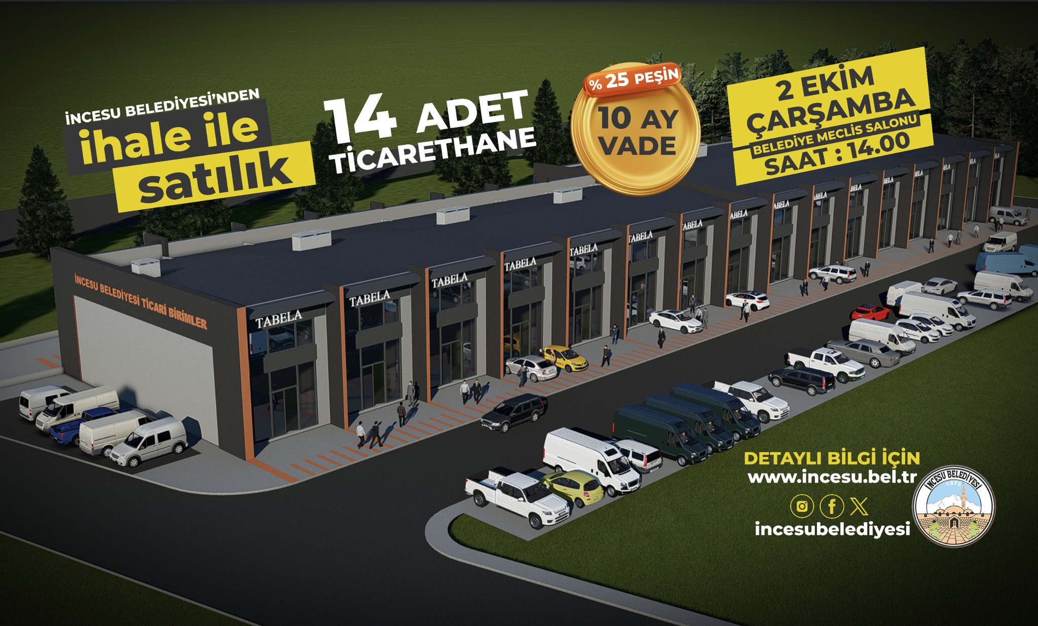 İlçemizin çeşitli Mahallelerinde bulunan Taşınmazlar ve 14 Adet Ticarethane satışı için 02.10.2024 tarihinde Belediyemiz hizmet binasında ihaleye çıkarılacaktır.