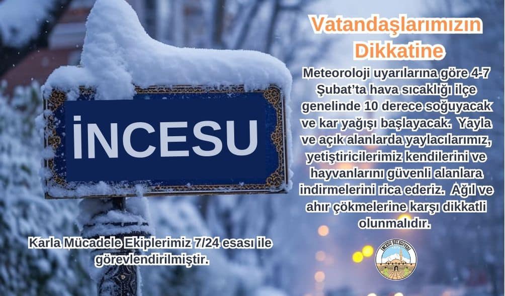 Meteoroloji uyarılarına göre 4-7 Şubat’ta hava sıcaklığı ilçe genelinde 10 derece soğuyacak ve kar yağışı başlayacak.