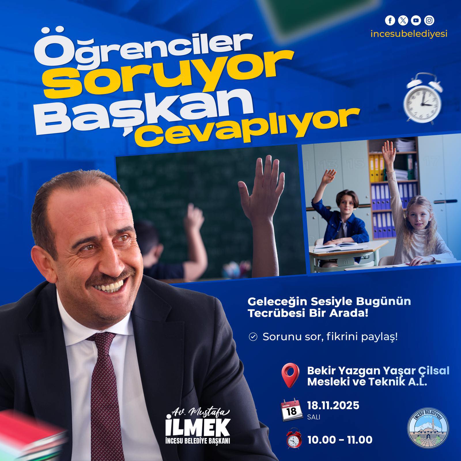 Gençlerin merak ettiği soruları yanıtlayacak Başkan İlmek, belediyenin çalışmaları ve geleceğe yönelik projeler hakkında öğrencilere bilgilendirici ve keyifli bir söyleşi gerçekleştirecek.