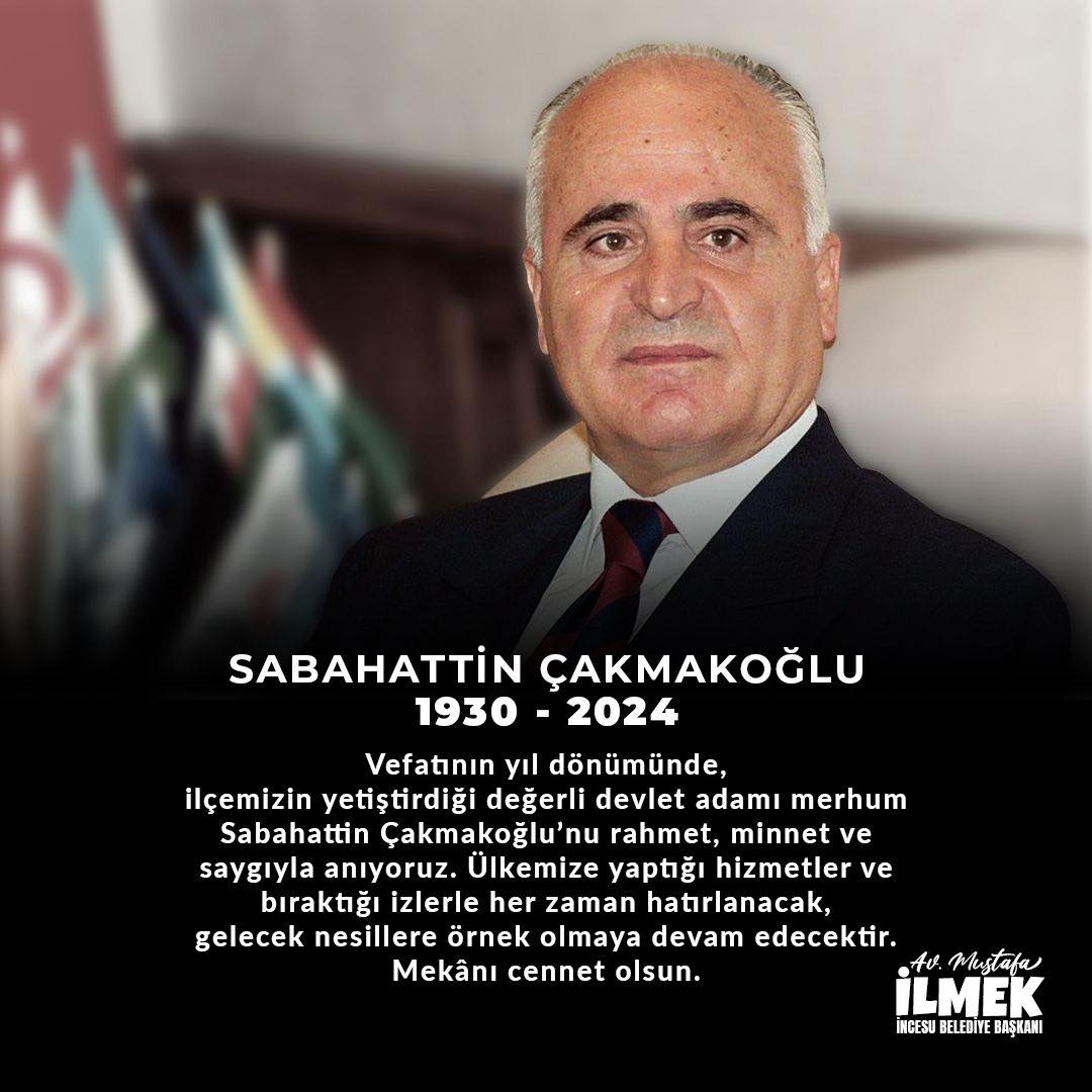 Vefatının yıl dönümünde, ilçemizin yetiştirdiği değerli devlet adamı merhum Sabahattin Çakmakoğlu’nu rahmet, minnet ve saygıyla anıyoruz. Ülkemize yaptığı hizmetler ve bıraktığı izlerle her zaman hatırlanacak, gelecek nesillere örnek olmaya devam edecekti