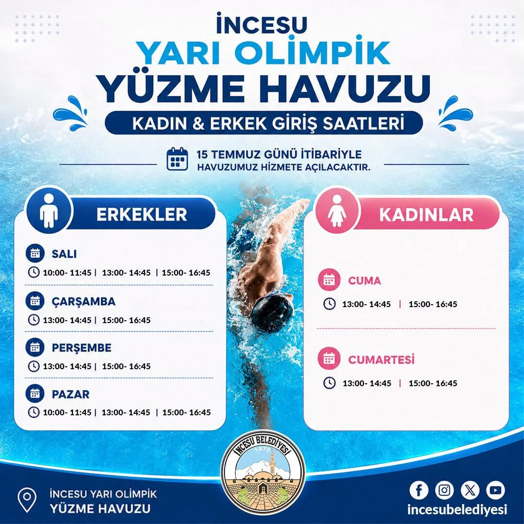 Yarı Olimpik Yüzme Havuzumuz, 15 Temmuz itibarıyla yeniden hizmete başlıyor.