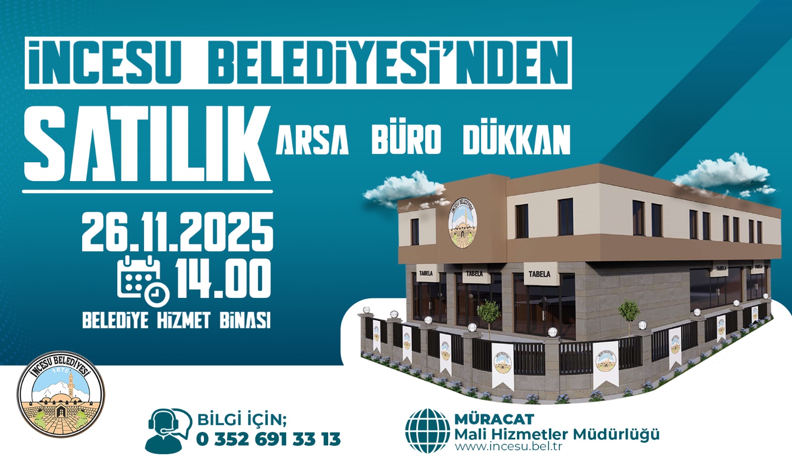 Belediyemize ait İlçemiz çeşitli Mahallelerinde bulunan taşınmazlar satış işlemi için