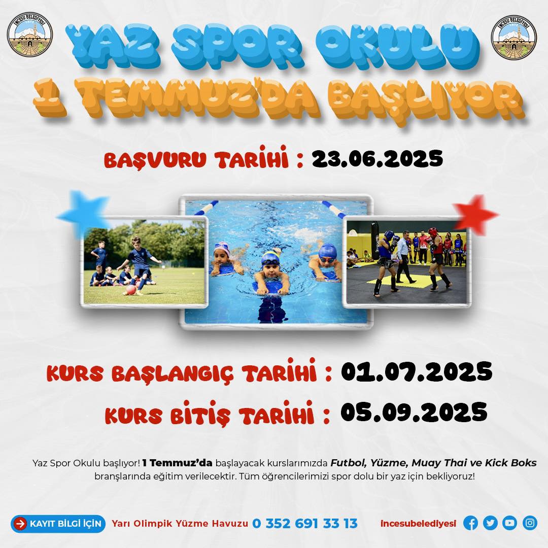 Yaz Spor Okulu Başlıyor! 1 Temmuz’da başlayacak kurslarımızda Futbol, Yüzme, Muay Thai ve Kick Boks branşlarında eğitim verilecektir. Tüm öğrencilerimizi spor dolu bir yaz için bekliyoruz!  Kayıt ve bilgi için : 0352 691 33 13